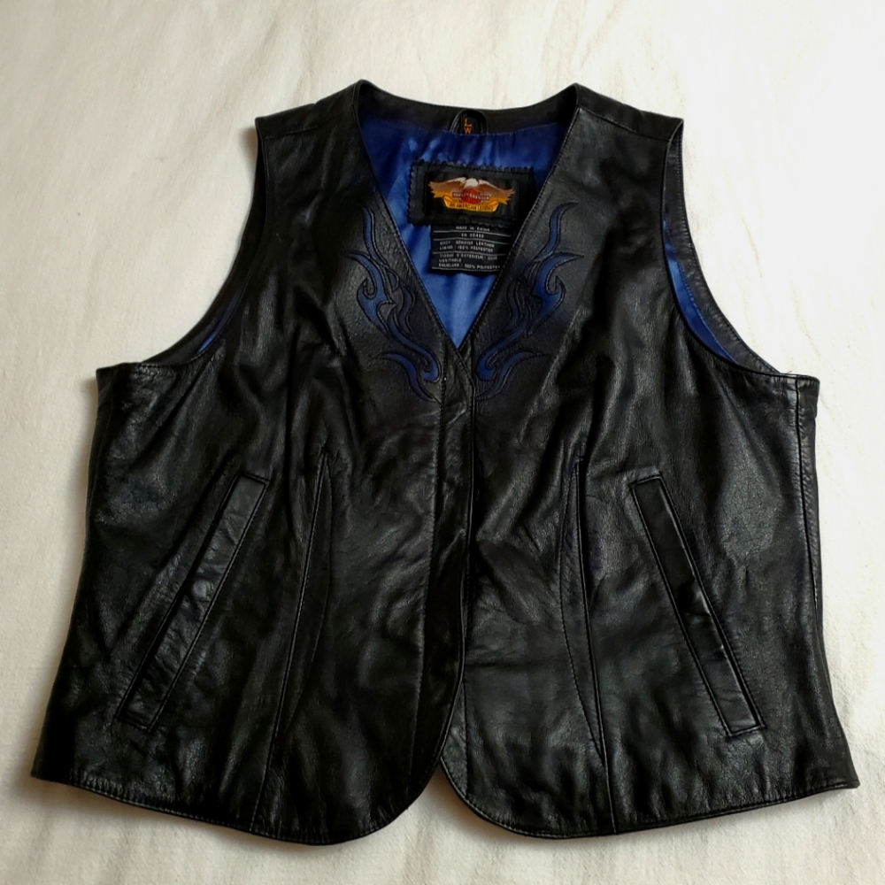 Vintage Harley Davidson Embroidered Blue Flames Black Leather Vest Size Large